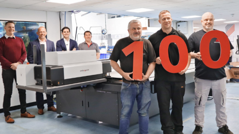 Swiss manufacturer of large format printers, swissQprint, has celebrated the installation of its 100th machine in the UK.